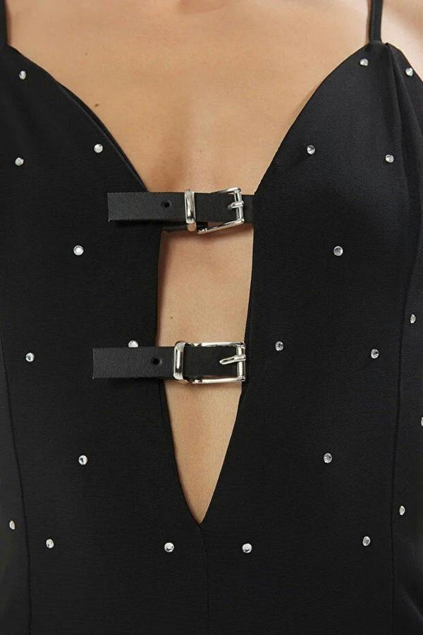 WOVCOR Stone Print Belt Detail Strappy Knitted Bodysuit