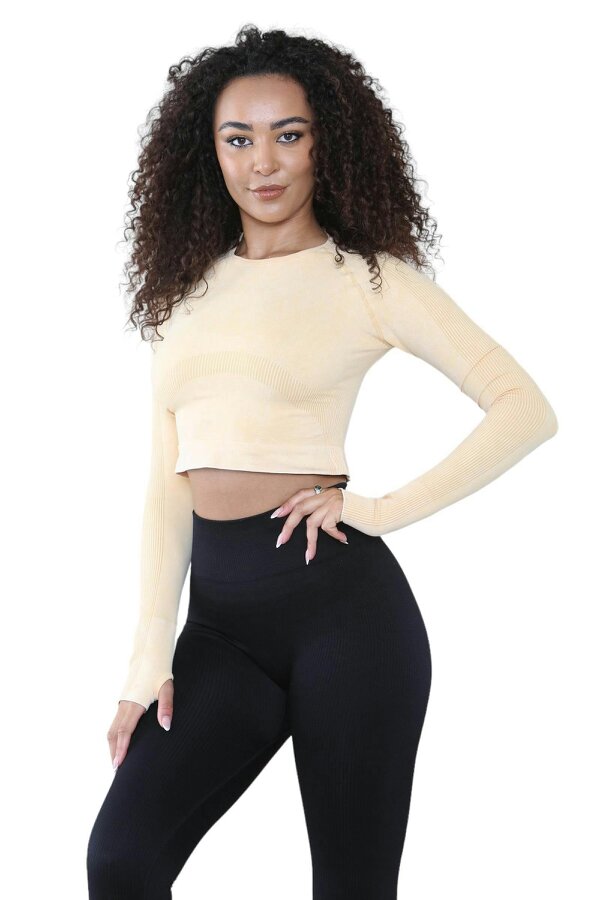 Elaina Fashion Women's Round Neck Tie-Dye Rib Seamless Slim Fit Crop Top Activewear  - Pastel Orange - 85% Nylon & 15% Spandex