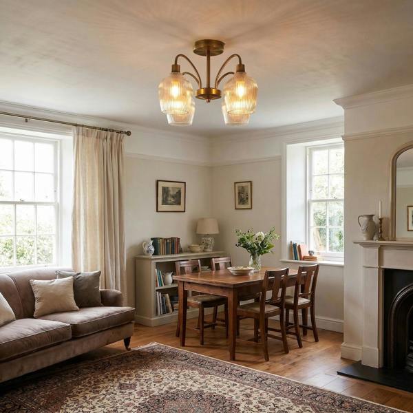 Classy Antique Brass Ceiling Light with Clear Ribbed Glass Shades Image 6