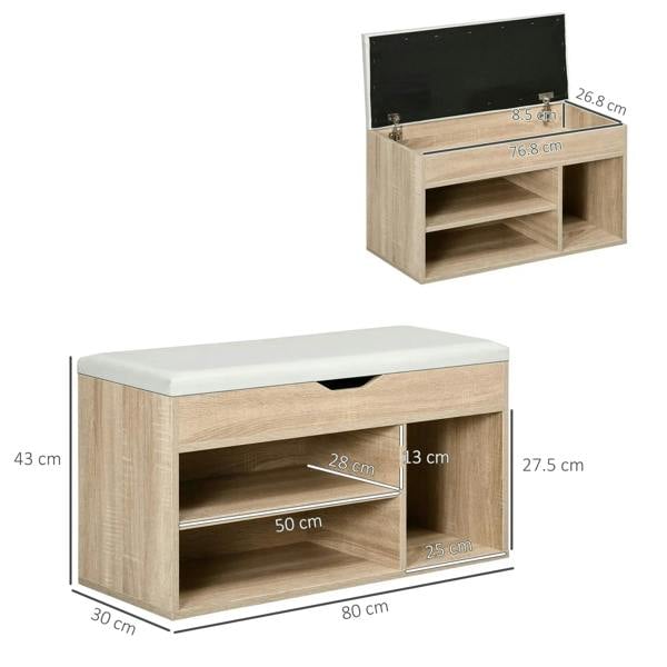 Oak-tone shoe cabinet bench with padded seat and front storage shelves, open lid