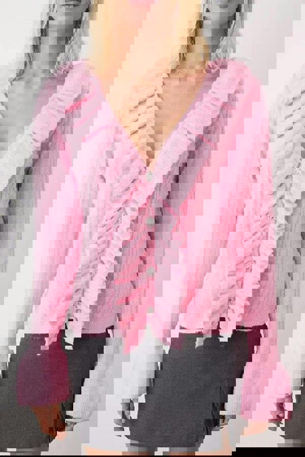 WOVCOR V-Neck Soft Texture Knit Cardigan with Button and Ruffle Detailed