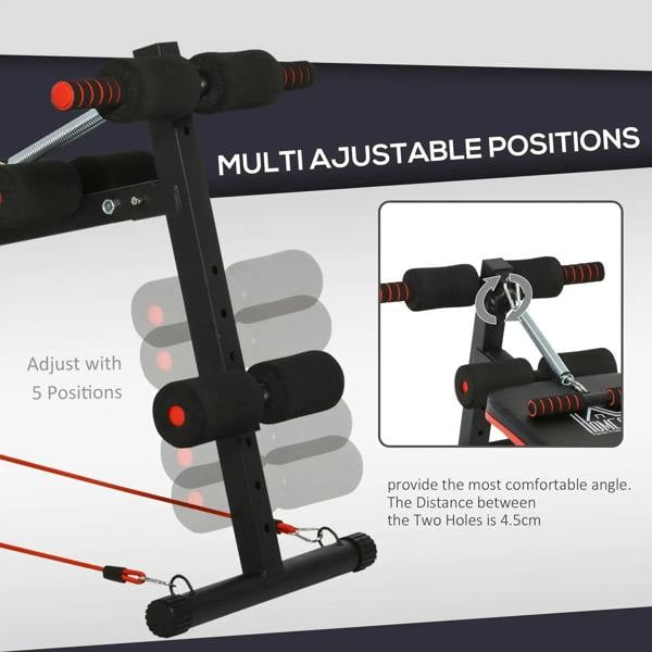 Black adjustable sit-up bench frame with padded arm handles and thigh support pads
