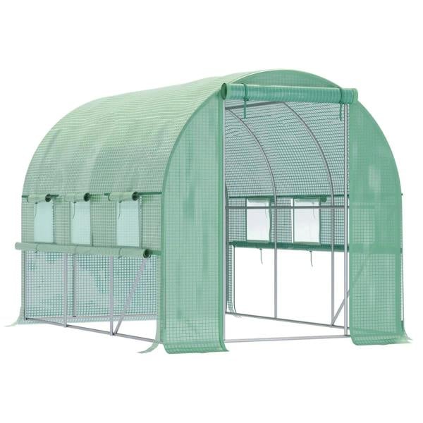 Green walk-in polytunnel greenhouse with roll-up sidewalls and arched mesh PE cover