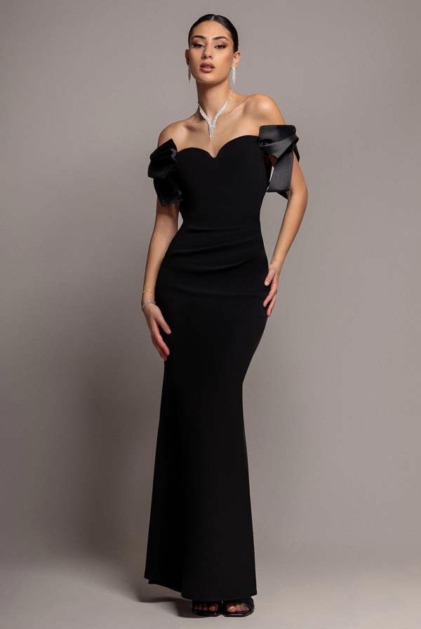 Satin Bow Bardot Sheath Maxi Dress - Black DR4999