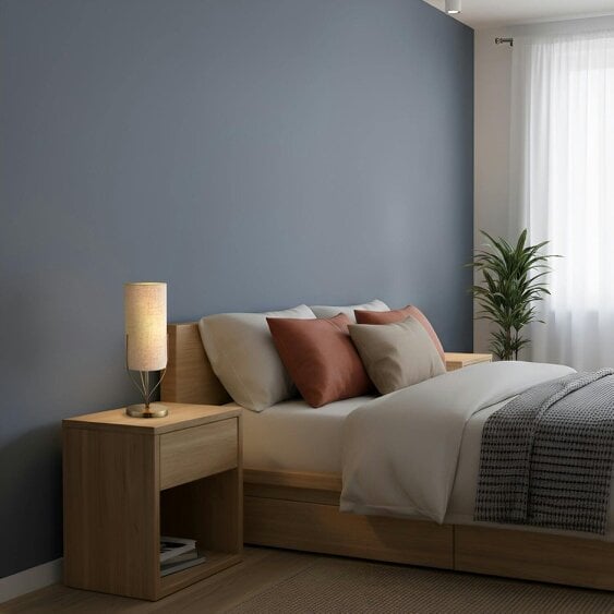 Happy Homewares Sleek Antique Brass Metal Table Lamp with Cylindrical Linen Shade