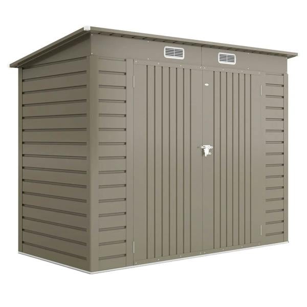 Light grey galvanized steel shed with latched door, padlock hasp, roof vents