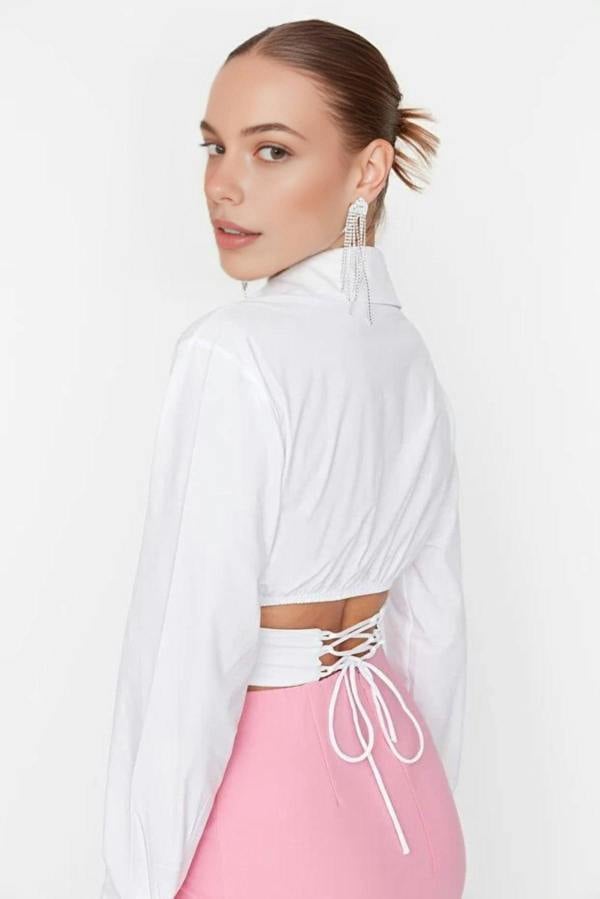 WOVCOR Crop Woven Poplin Shirt with Corset Detail
