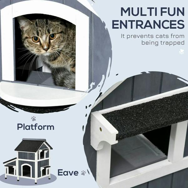 Grey wooden cat house close-up of multi entrance openings and front platform