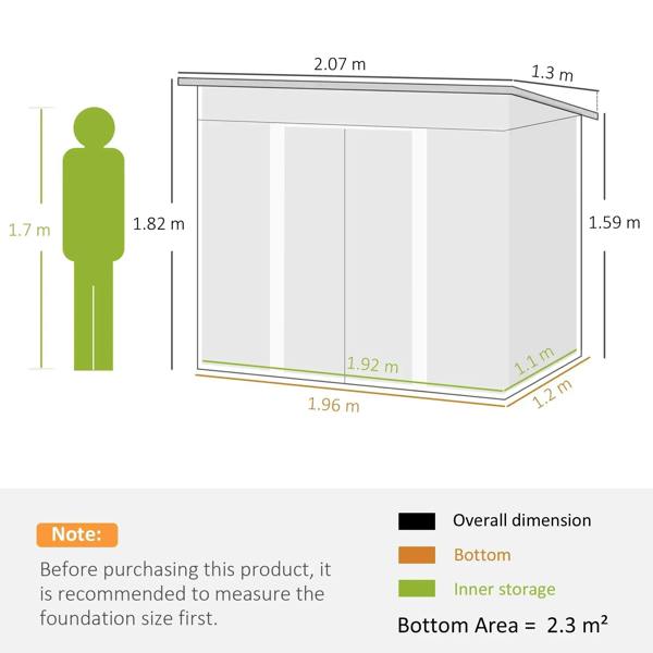 Light green metal storage shed dimensions diagram with bottom and inner storage areas