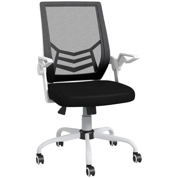 Black mesh office chair with padded seat, white frame, and swivel caster wheels