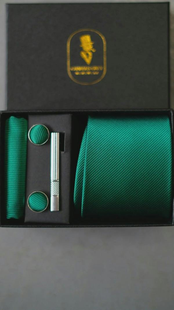 Charles Grey Tie, Pocket Square, Cuff Link & Tie Clip Set - Forest Green