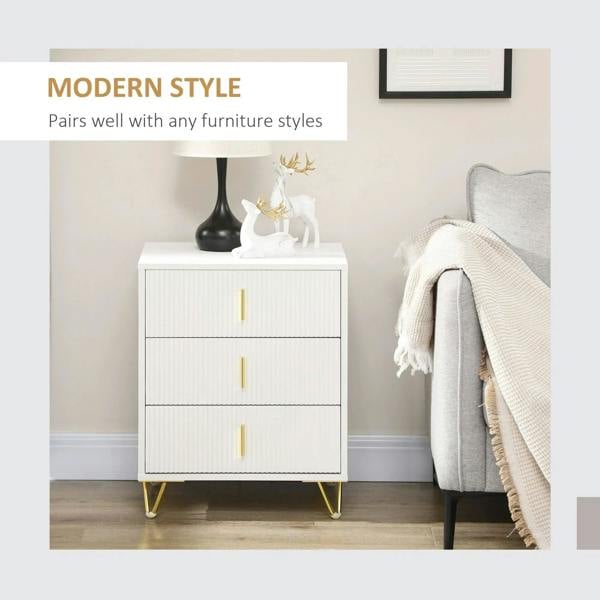 White three-drawer chest with gold handles and gold legs, ribbed drawer fronts