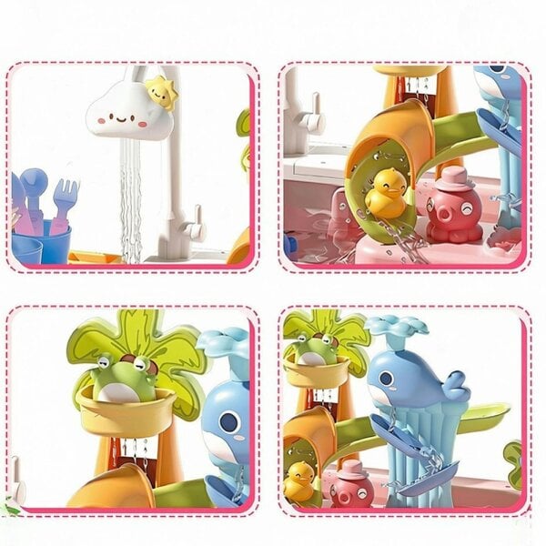 deAO Toys 2 in 1 Beach Table & Simulation Kitchen Sink Toy Set with Water Supply Function and Color-Changing Tableware - Pink