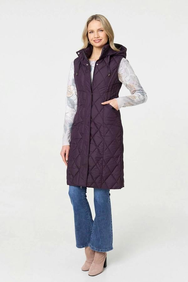 Purple | Hooded Sleeveless Longline Puffer Gilet
