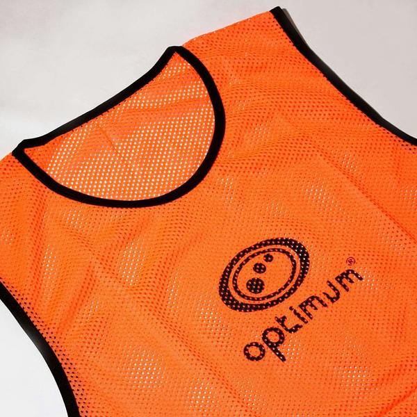 Orange Optimum mesh training bib with black trim and logo, laid flat at an angle on white - Optimum
