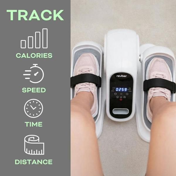 A person’s feet are strapped into a Reviber Motorised Mini Elliptical Bike. The left side displays icons and “TRACK Calories, Speed, Time, Distance” on a gray background—ideal for low-impact leg workouts.