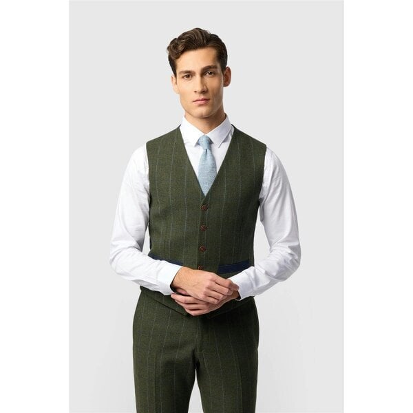 Antique Rogue Slim Fit Hooper Green And Blue Check Tweed Waistcoat