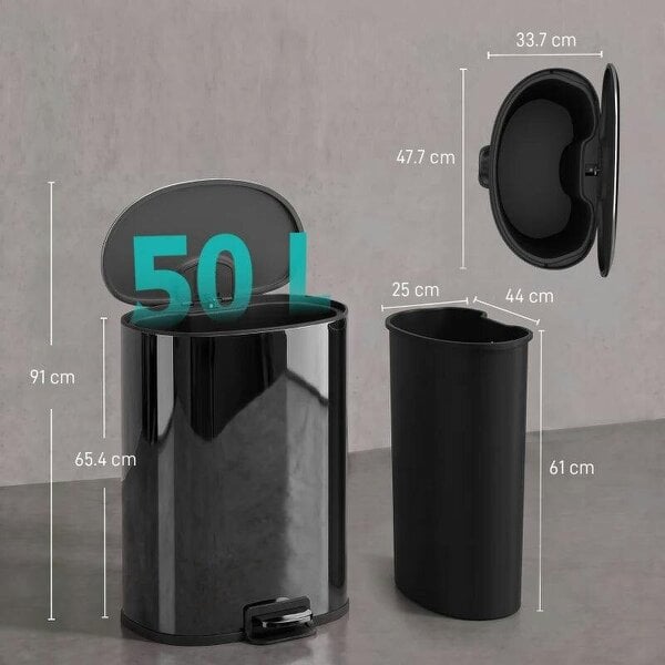 50L Kitchen Pedal Bin, Rubbish Bin with Soft-Close and Stay-Open Lid, Removable Inner Bucket, Black