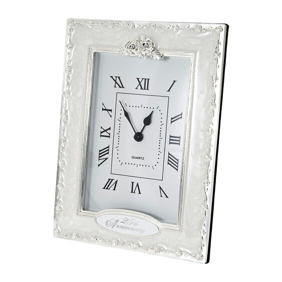 Happy Homewares 25th Anniversary Clock in White Epoxy with Silver Plated Roses and Diamantes