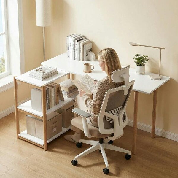 Computer Desk with Storage Shelves Modern Writing Desk Bamboo Frame for Home Office 150 cm White and Oak