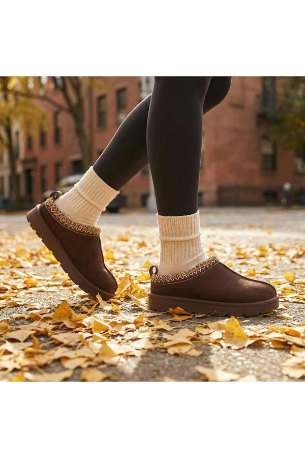 Ravina Chunky Slip On Suede Slippers With Stitch Detail - Brown