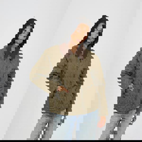 Brave Soul Khaki Onion Quilted Jacket With Corduroy Collar - Khaki Image 1