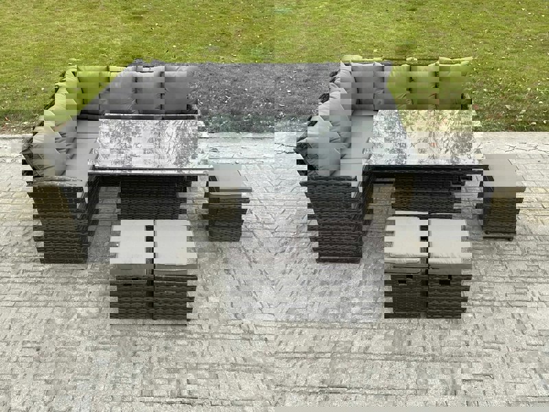 Fimous Wicker PE Outdoor Rattan Garden Furniture Set Height Adjustable Rising Lifting Table Sofa Dining Set with 3 Small Footstools Dark Grey Mixed