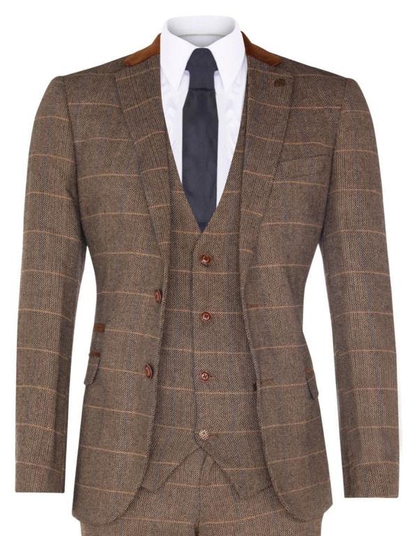 Marc Darcy Mens 3 Piece Tan Tweed Check Suit
