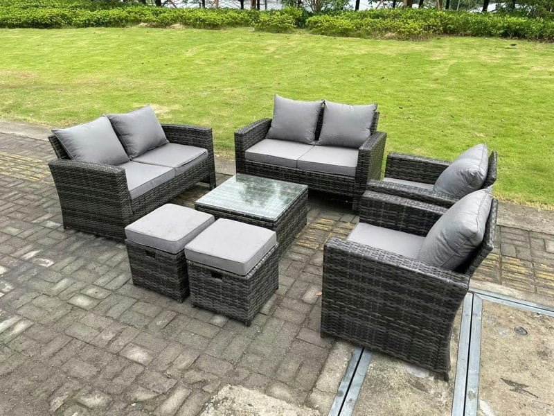 Fimous 8 Seater Dark Grey Mixed High Back Rattan Sofa Set Square Coffee Table Garden Furniture 2 Seater Sofa Chairs Outdoor Patio Stools
