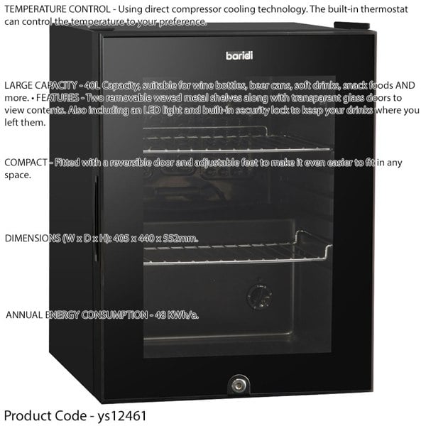 40L Freestanding Worktop Wine Beer Drinks Fridge Cooler - BLACK & GLASS Door - LoopsDirect