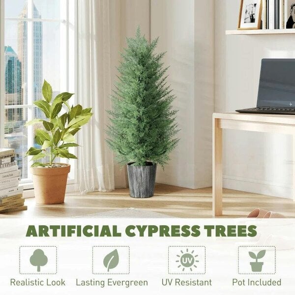 90cm Artificial Cypress Trees Set of 2, UV Resistant Artificial Plants with Decorative Pot, Fake Plants for Indoor Outdoor Decor, Green