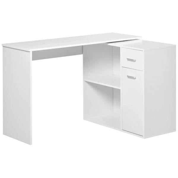 White L-shaped corner desk with open shelf, cabinet doors, and two drawers