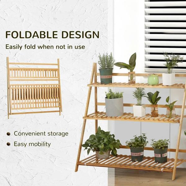 Foldable bamboo plant stand with three slatted tiers, shown with potted plants