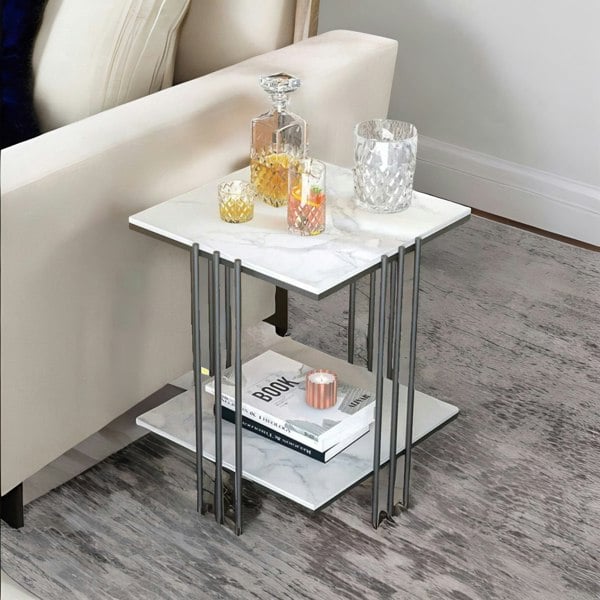 Rafaelo Mobilia 2 Tier Square Faux Marble Side Table Black