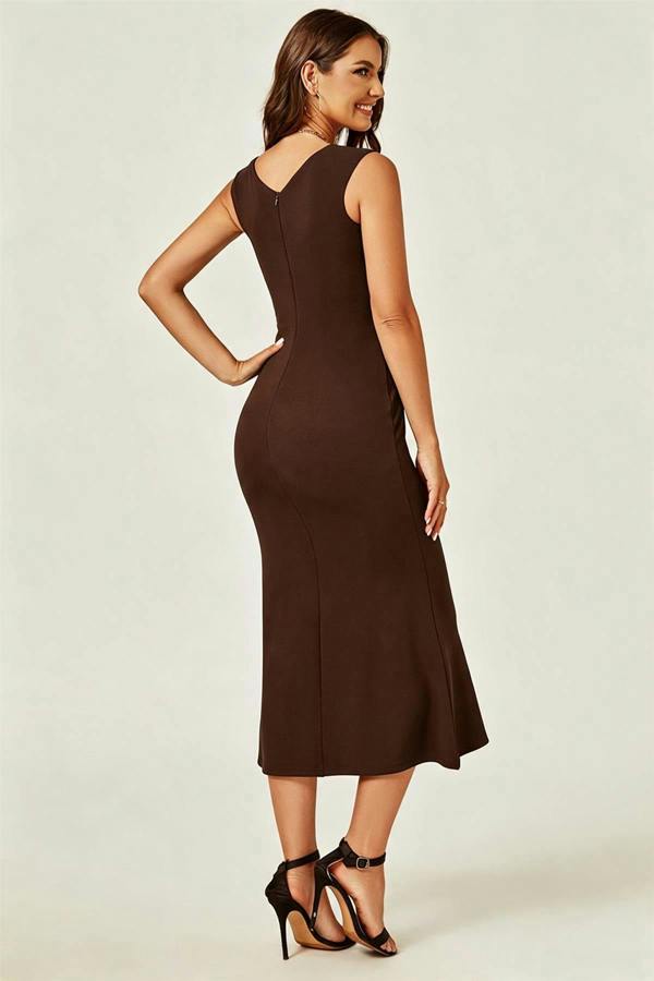 FS Collection Bardot Pleated Midi Dress In Espresso