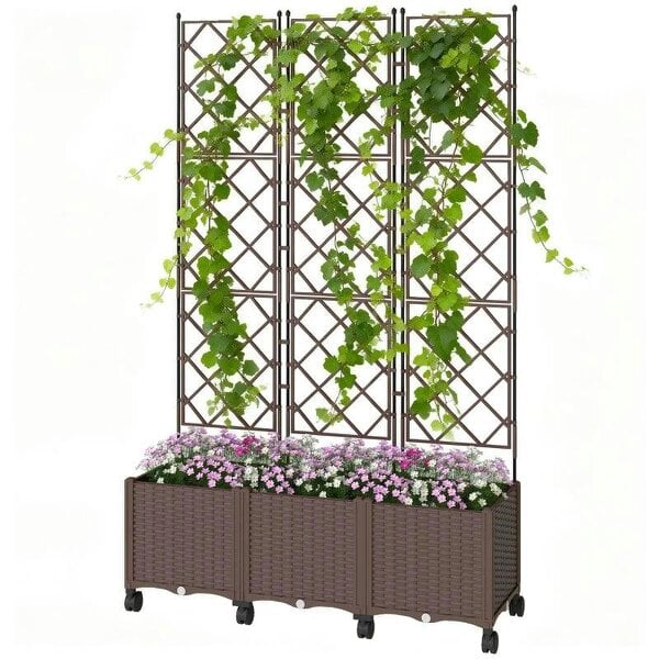 Plastic Raised Planter with Trellis, Self Watering Raised Bed for Garden with Wheels, Drainage Holes, Brown