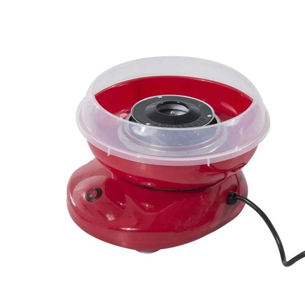 Red electric cotton candy maker with clear bowl lid and black heating head, corded