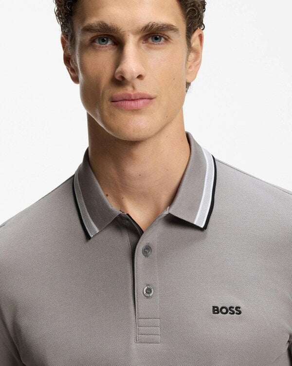 BOSS Green Paddy Mens Cotton-Piqué Polo Shirt with Contrast Logo - Open Grey 068