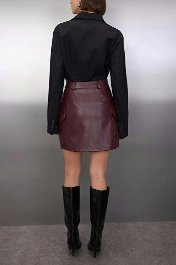 WOVCOR Faux Leather Cargo Pocket Pencil Mini Knit Skirt