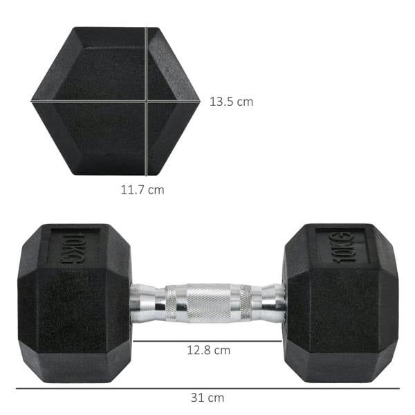 Black hex rubber dumbbells with chrome bar handle, measured overall length 31 cm
