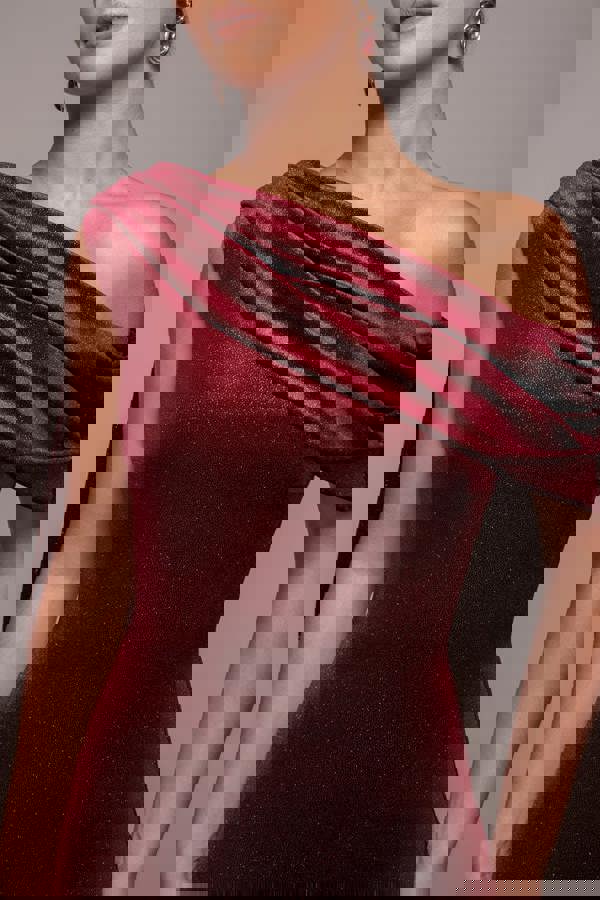 Glitter Velvet Sash One Shoulder Bardot Maxi Dress - Wine DR5017