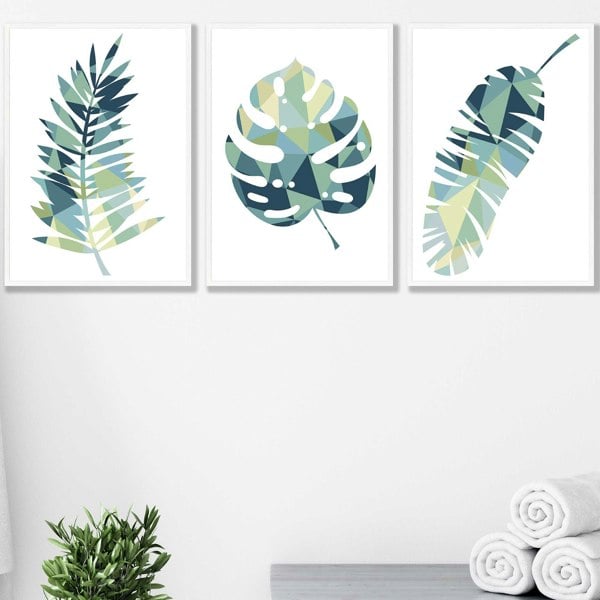 Artze Wall Art Framed Set of 3 Teal Blue Tropical Leaf Prints