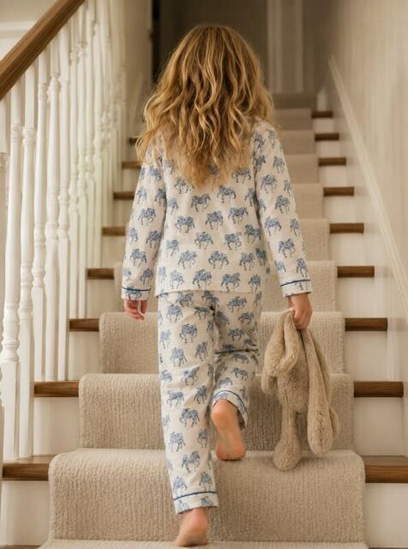 Kids horse print pyjamas in woodblock print cotton voile Available in pink and blue