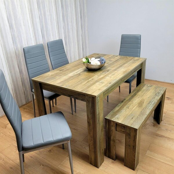 Kosy Koala Modern Rustic Dining Table Set ? Wooden Table with 4 Grey Chairs and Bench - Dining Furniture Set