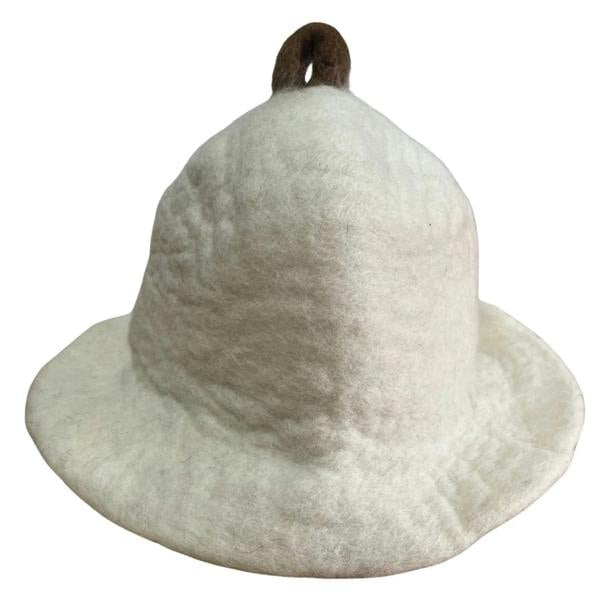 Felted sauna bowl hat, light gray with dark brown top loop/pom