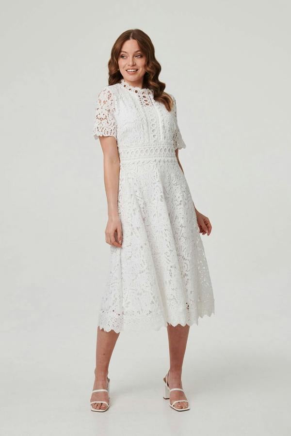 White | Lace Layer Short Sleeve Midi Dress