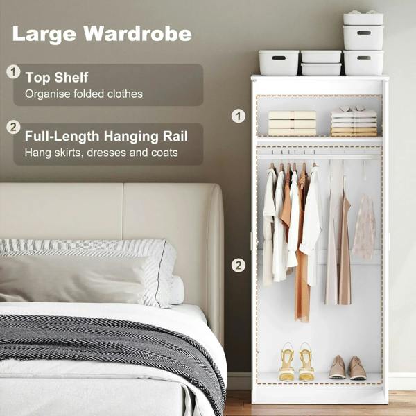 White high-gloss wardrobe with full-length hanging rail and top shelf organizer