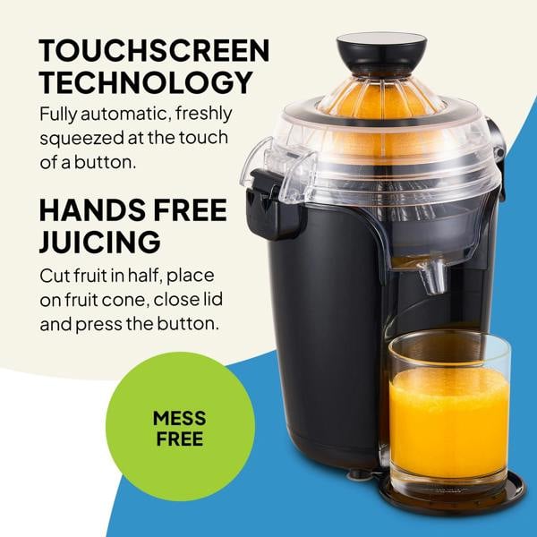 The Fridja f800 Automatic Citrus Juicer in black features a transparent lid, touchscreen controls, and hands-free operation for mess-free, vitamin C-rich orange juice.