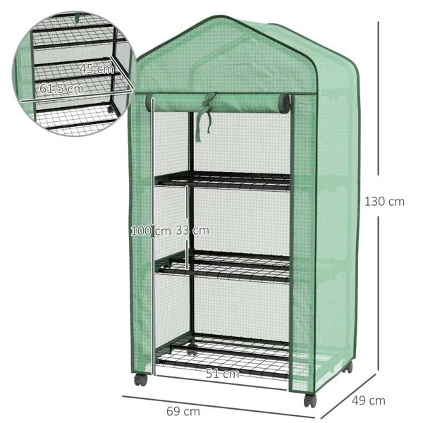 Green three-tier mini greenhouse with black wire shelves, front view and base wheels