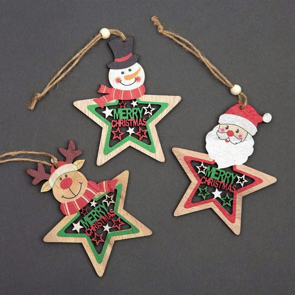 9x8cm Wooden Christmas Hanging Star Decorations, Painted Style Set of 3 with Twine Strings image 1